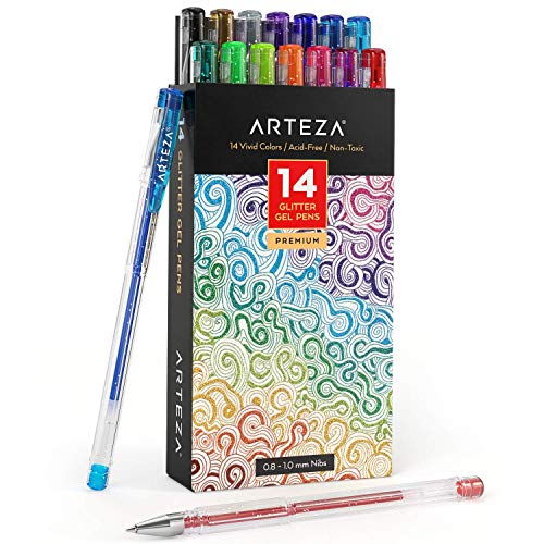ARTEZA Glitter Gel Pens, Set of 14 – Colored Ink Markers with Triangular Grip, 0.8–1.0 mm Tip for Adult Coloring, Drawing & Decorative Writing - color: Yellow