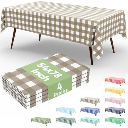 misaya 4 Packs 54 x 78 Inch Buffalo Disposable Table Cloth, Waterproof Plastic Tablecloth, Rectangle Khaki and White Checkered Table Covers for Picnic, Birthday, Party, Back to School - color: Khaki and White, size: 54" X 78"