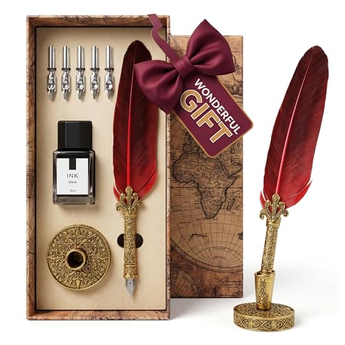 Quill Pen and Ink Set with 5 Spare Nibs, Inkwell and Quill Stand, Red | Goose Feather Pen Ink with Stainless Steel Nib; Vintage Design; for Calligraphy, Drawing & Signatures; Writing Gifts - color: Red