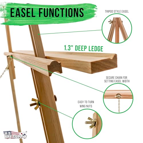 U.S. Art Supply 64" Wooden Easel Stand, Adjustable A-Frame Wood Tripod - color: black