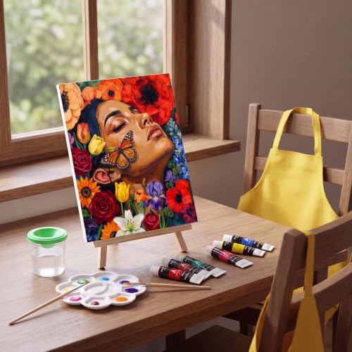 Cholemy 8 Set Paint and Sip Kit for Adults 8'' x 10'' Pre Drawn Canvas with Wooden Easels Acrylic Paint Brushes Wash Cup Palette Apron for Painting DIY Date Night Party Supplies (Butterfly Lady) - style: Butterfly Lady