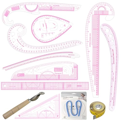 12PCS Sewing Curve Ruler Set Soft Patchwork Ruler for Beginners, Tailors, Designers, Quilting, Embroidery, Cross Stitch, Crochet, Knitting - color: 12pcs Pink Ruler