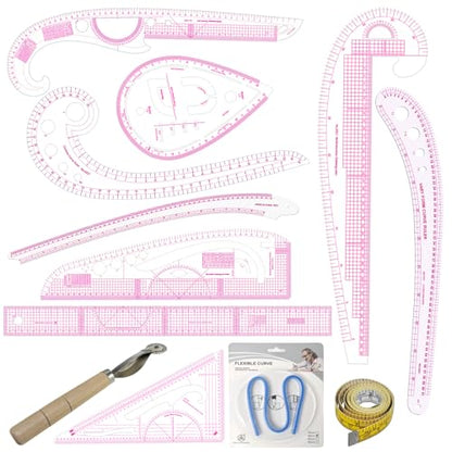 12PCS Sewing Curve Ruler Set Soft Patchwork Ruler for Beginners, Tailors, Designers, Quilting, Embroidery, Cross Stitch, Crochet, Knitting - color: 12pcs Pink Ruler