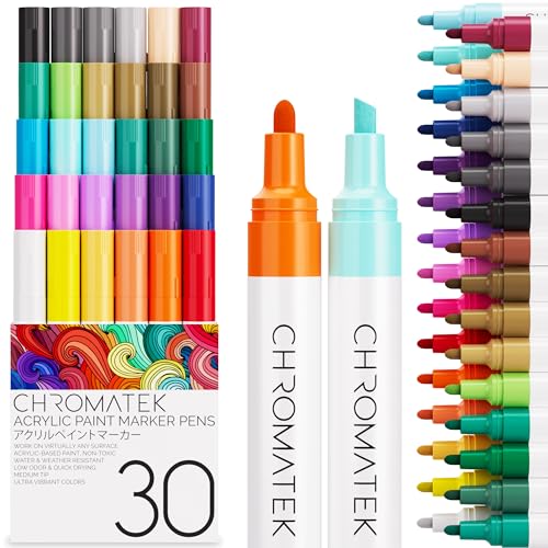 CHROMATEK Dual Tip Acrylic Paint Markers - 30 Colors Premium Paint Pens for Canvas, Rock Painting, Glass, Wood, Ceramic, DIY Crafts Art Supplies - Waterproof, Quick Drying with Video Tutorials & Ebook - color: [Multiple Colors]