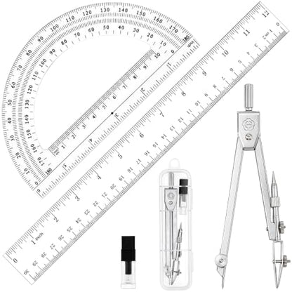 Coopay 3 Pcs Plastic 12 Inch Ruler, Clear Protractor and Compasses Set | Clear Ruler, Protractor and Compass set, Geometry, Durable, Drawing, Measuring, Math, Art, Classroom, School, Student - size: 3 Pcs set