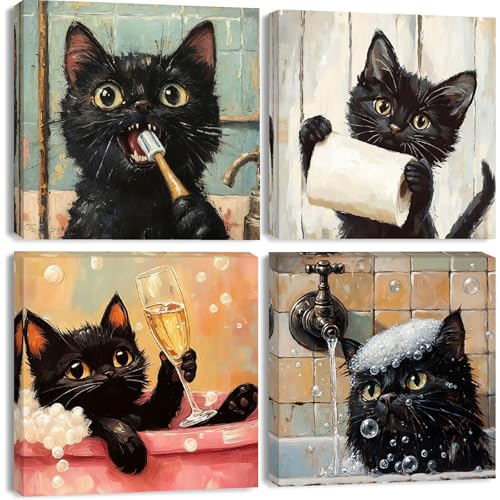 Clendo 4 Pack Black Cat Paint by Numbers Kit for Adults with Frame - Animals in Bathtub Adult Paint by Number Kit DIY Oil Painting Kits for Home Wall Decor 8x8 Inch - color: 4P-BKH2099-BKH2102