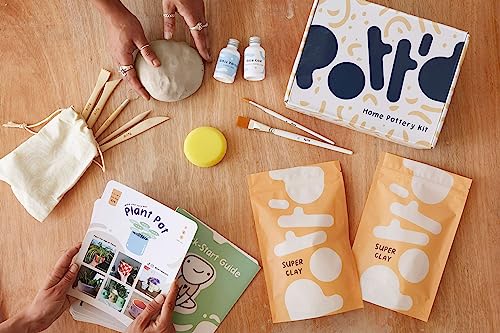 Pott'd Pottery Kit, Air Dry Clay Kit for Adults & Beginners | At Home Pottery Making Kit with Air Dry Clay, Tools, Paints, Brushes, Sealant and Step-by-Step Guide - style: Without Paints