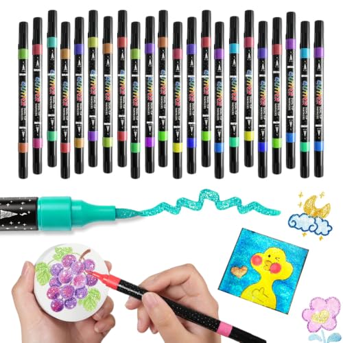 48 Colors Duo Glitter Effect Brush Markers, 24 Pack Water-based Ink Glitter Pens, Metallic Sparkle Markers for Doodle Writing, Glitter Art Crafts Gifts Trendy Stuff Art Supplies Drawing Supplies