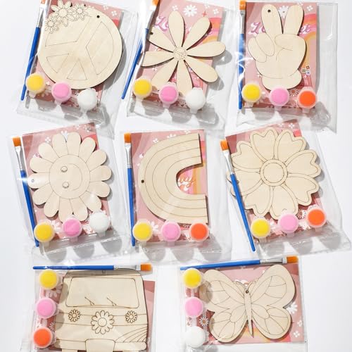 Saypacck 24 Pcs Groovy Boho Hippie Party Favors Wooden Paint Craft Kits | Retro Daisy Rainbow Decorations for Goodie Bags, Bulk Thank You Gifts with Organza Pouch, Boho Hippie Activities for Kids - style: Modern