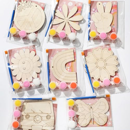 Saypacck 24 Pcs Groovy Boho Hippie Party Favors Wooden Paint Craft Kits | Retro Daisy Rainbow Decorations for Goodie Bags, Bulk Thank You Gifts with Organza Pouch, Boho Hippie Activities for Kids - style: Modern