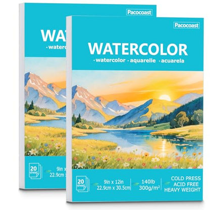 Pacocoast 9"x12" Cold Press Watercolor Paper Pad, 2Pack, Glue Bound, Teal - color: Teal, size: 9" x 12"(Pack of 2)