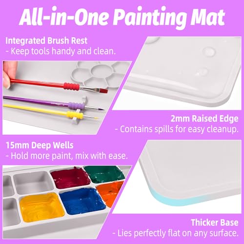 Silicone Painting Mat, 23.6x15.8in Art Craft Mat with Brushes | For watercolor resin clay DIY art use, waterproof table protection painting station with cup palette, 3 brushes, purple - color: Purple