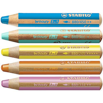 STABILO Multi-talented Pencil woody 3-in-1 - Pastel Box of 5 - Pink, Orange, Yellow, Cyan Blue & Blue + Sharpener