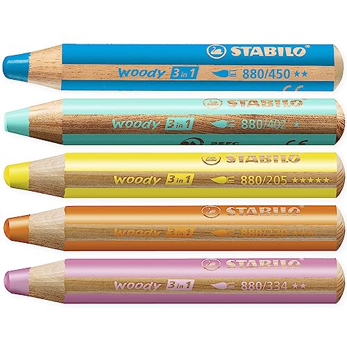 STABILO Multi-talented Pencil woody 3-in-1 - Pastel Box of 5 - Pink, Orange, Yellow, Cyan Blue & Blue + Sharpener