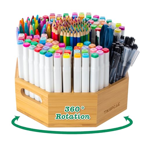 360° Rotating Art Supply Organizer, Holds 750+ Pencils, Bamboo Marker & Pen Holder with Handles, Desk Storage Caddy for Paint Brushes, Crayons, Ideal for Office, Home, Classroom