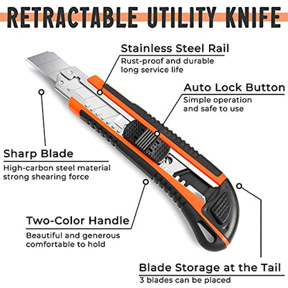3Pack Box Cutter Retractable, Snap Off Utility Knife, Razor Knife - color: Multicolor