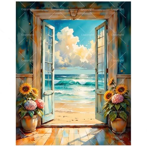 Beach View Paint by Numbers Kit for Adults - DIY Ocean Scene Through Doorway Painting on Canvas, Acrylic Paint Set, Suitable for Beginners, Art for Home Decoration or Gifts(12X16IN Framed) - color: HSX00713, size: 12X16IN Framed