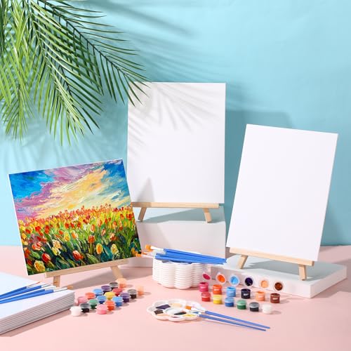 Qilery 24 Set 8 x 10 Inch Canvas Boards and Easel for Painting, Acrylic Paint Strips, Brushes, Palettes, Art Painting Kits for Artists Beginners Oil Acrylic Craft Party Favors - size: 8" X 10"