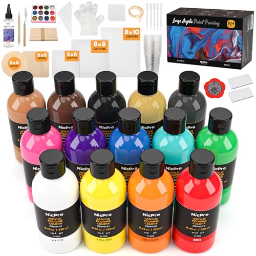 Nicpro 14 Colors 8.45oz Acrylic Pour Paint Supplies Kit, Large Volume Premixed High Flow Painting Bulk Set with Canvas, Wood Natural Slices, Pouring Oil, Tools Gloves, Strainer, Cups for Beginner DIY - color: 14 Colors