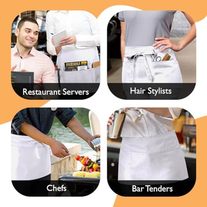 Avalon Kitchen Server Aprons with 3 Pockets – 100% Polyester Waist Apron, 24x12 Inch Half Apron, Waitress Apron for Servers - color: White, style: Pack of 1