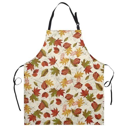 Fall Colorful Maple Leaves Apron with Pockets Autumn Watercolor Leaves Apron with Adjustable Neck Thanksgiving Day holiday Farmhouse Chef Cooking Apron for Women Men Dinner Baking BBQ - color: Fall-a