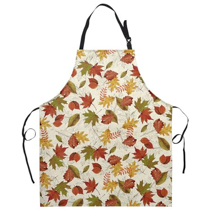 Fall Colorful Maple Leaves Apron with Pockets Autumn Watercolor Leaves Apron with Adjustable Neck Thanksgiving Day holiday Farmhouse Chef Cooking Apron for Women Men Dinner Baking BBQ - color: Fall-a