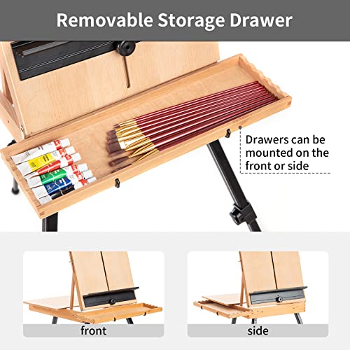 Large French Style Easel, Portable Field & Studio Sketchbox | Plein Air Adjustable Tripod Easel with Detachable Drawer for Display, Painting, Sketching