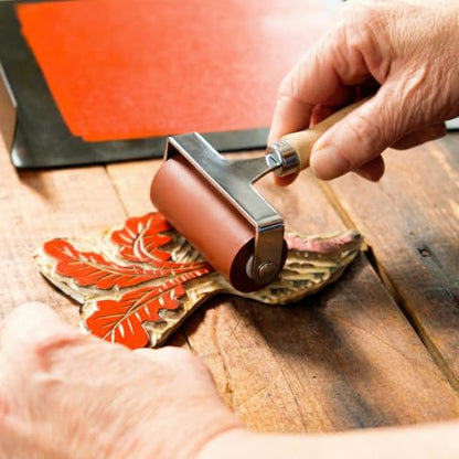 QWORK Soft Rubber Brayer, 3 Inch Printmaking Roller Tool for Block Printing and Gel Plate Crafts, Steel Frame Non Slip Handle Compatible with All Inks