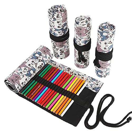 DIYOMR 24/36/72 Slots Pencil Wrap Pencil Rolls, Artist Colored Pencils Roll Up Bag Short Brushes Pouch Case Pencils Organizer for Drawing Coloring and Sketching,No Pencils (Big Headed Cat, 72slots) - color: Big Headed Cat, size: 72slots