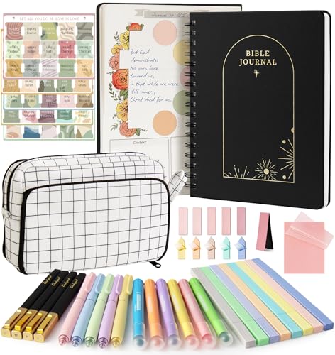Dashspark Bible Study Kit - Bible Journaling Supplies Kit for Women - Christian Gifts for Women - Highlighters and Pens with Aesthetic Bibles Journal Notebook - Bibles Accessories Annotation Kits - color: Black