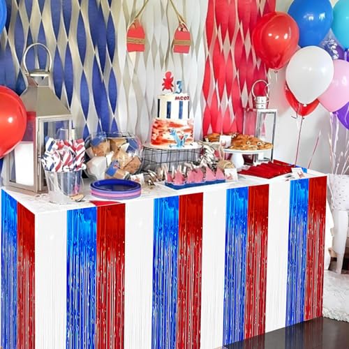 2 Pack 2.5ft x 9 ft Red White and Blue Metallic Foil Fringe Table Skirt, July 4th Patriotic Tinsel Table Skirts Cover for Rectangle and Round Tables, Labor Day, Veterans Day - color: Red White Blue