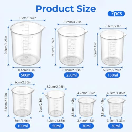 7 Pcs Plastic Graduated Beakers, 30/50/100/150/200/500ml Transparent | Plastic Measuring Cups for Kitchen Lab, Graduated Beaker for Epoxy and Resin, Mixing Cups for Crafts and Science, Clear