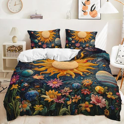 AILONEN Space Galaxy Soft Duvet Cover Set King Size,3-Piece Sun Planet Starry Flower Boho Comforter Cover Set, 1 Quilt Cover with 2 Pillowcases - color: S12, size: King