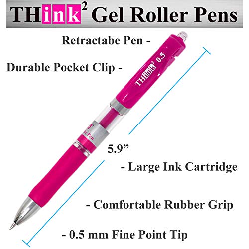 [24 Pens - Pink Ink] Think2 Retractable Gel Pens. (24 Pink) Fine Point (0.5mm) Rollerball Pens with Comfort Grip. - color: Pink
