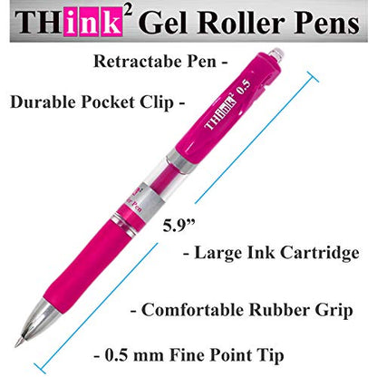 [24 Pens - Pink Ink] Think2 Retractable Gel Pens. (24 Pink) Fine Point (0.5mm) Rollerball Pens with Comfort Grip. - color: Pink