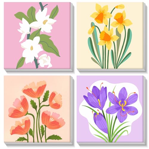 MISCER 4 Pack Paint by Numbers for Adults Beginner, Flowers Paint by Number Kits for Kids, DIY Acrylic Oil Painting Suitable for Home Decoration (8x8inch) - color: MK027