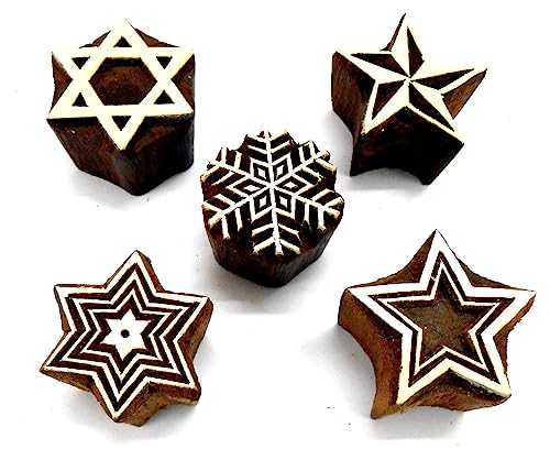CraftsofIndia® Stylish Elegant Five Stars Wooden Blocks Stamps for Printing on Textiles, Pottery Crafts,Henna, Scrapbooking (Set of 5) - size: Pack # 103