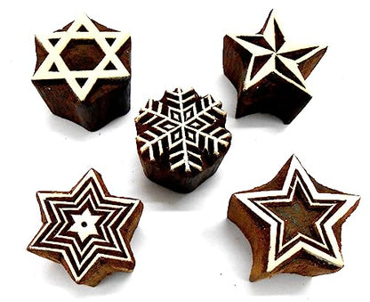 CraftsofIndia® Stylish Elegant Five Stars Wooden Blocks Stamps for Printing on Textiles, Pottery Crafts,Henna, Scrapbooking (Set of 5) - size: Pack # 103