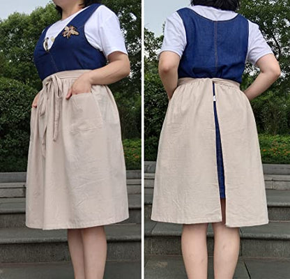 Unisex Chef Aprons White Retro Cotton Maid Short 2 Pockets Waist Waiter Waitress Half Apron - color: Cotton Beige