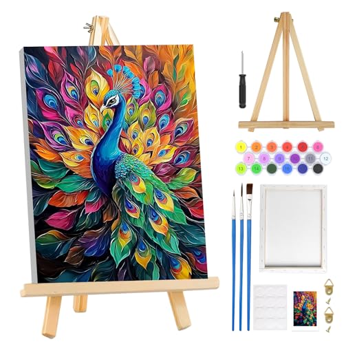 MOGTAA Peacock Paint by Numbers Kit for Adults Beginners with Frame, Peacock Adult Paint by Number Kits on Canvas with Easel, Easy DIY Animal Oil Painting Kits for Home Decor, 8x12in - color: Peacock