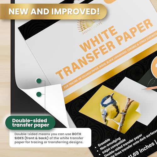 MyArtscape White Graphite Transfer Paper A4 20 Wax Free Sheets | 20 white wax free carbon paper graphite paper sheets for clean erasable tracing on dark surfaces and fabric