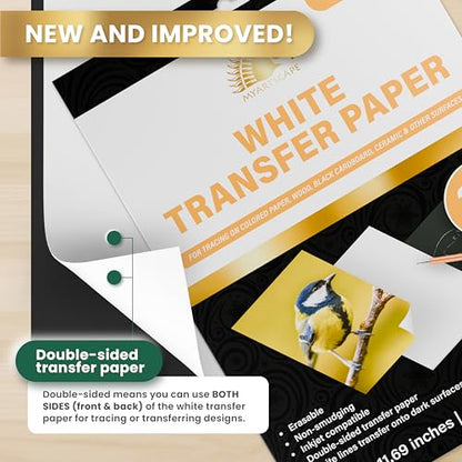 MyArtscape White Graphite Transfer Paper A4 20 Wax Free Sheets | 20 white wax free carbon paper graphite paper sheets for clean erasable tracing on dark surfaces and fabric
