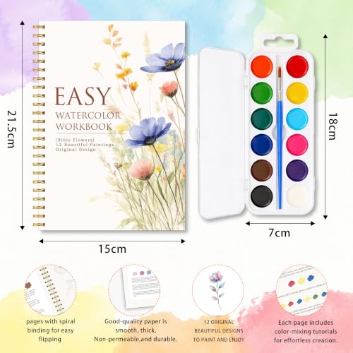 Bible Flowers Watercolor Workbook, Christian Painting Book with 12 Designs | Christian Water Coloring Book Set With Palette And Brush, Bible Wildflower Designs for Beginners, Faith Based Art and Gifts - color: Bible Flower