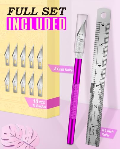 DIYSELF Craft Hobby Knife Set with 10 Extra #11 Blades, 6-Inch Metal Ruler | Exacto Knife for Crafting, Precision Cutting for Polymer Clay, Paper, Vinyl, Stencils & Models, Artists & Hobbyists, Purple - color: Purple