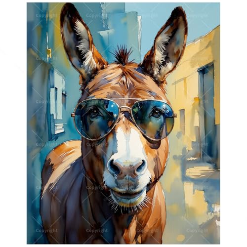 Funny Donkey Paint by Numbers Kit for Adults - DIY Cool Donkey with Sunglasses Painting on Canvas, Acrylic Paint Set, Suitable for Beginners, Art for Home Decoration or Gifts(16X20IN Framed) - color: HSX02771, size: 16X20IN Framed