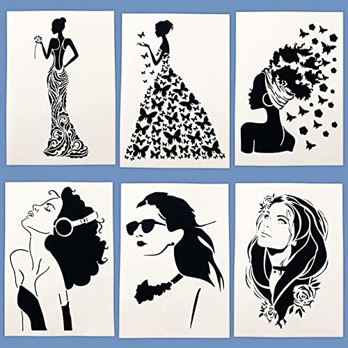 TIAMECH 6 Pcs A4 Reusable Girls Stencils for Painting | Butterflies Ladies & Beautiful Bride Layering Templates, DIY Wall Art, Wood Furniture, Scrapbook & Crafts (8.3x11.7inch) - style: Butterfly Girl