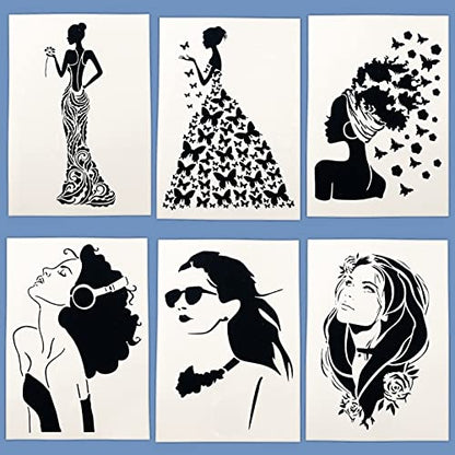 TIAMECH 6 Pcs A4 Reusable Girls Stencils for Painting | Butterflies Ladies & Beautiful Bride Layering Templates, DIY Wall Art, Wood Furniture, Scrapbook & Crafts (8.3x11.7inch) - style: Butterfly Girl
