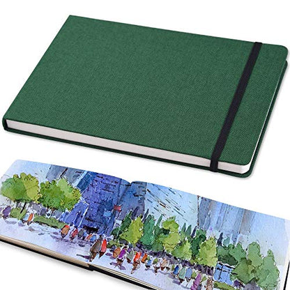 Mifuner 5"x 8" 220gsm Travel Handmade Cloth Cover Watercolor Paper 80 pages (40sheet frond and back) Notebook Journal Painting Paper Perfect for Travel Green - color: Long-green
