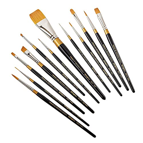 KINGART Premium Original Gold Series Handcrafted Golden Taklon Multimedia Artist Brushes, Set of 12, Black Glosss Handle, for Oil, Acrylic, Watercolor & Gouache Paints