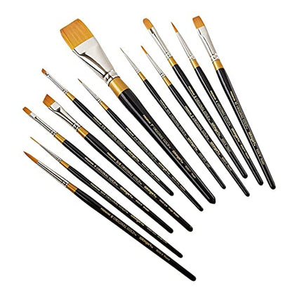 KINGART Premium Original Gold Series Handcrafted Golden Taklon Multimedia Artist Brushes, Set of 12, Black Glosss Handle, for Oil, Acrylic, Watercolor & Gouache Paints